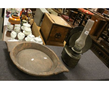An early 20th century Messenger and Sons metal wall lamp with reflector and a treen bowl.