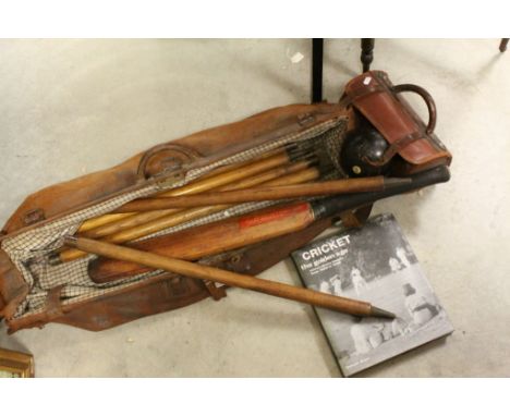 Cased Set of Two Vintage ' Thomas Taylor of Glasgow ' Wooden Bowling Balls together with a Vintage Leather Cricket Kit Bag wi
