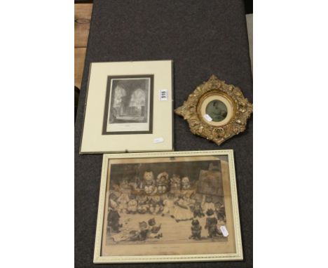 An ornate gilt frame containing portrait of a lady, a vintage Louis Wain cat print and a engraving of Malmesbury Abbey.