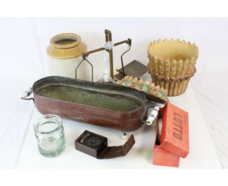 Copper Planter, Majolica style bark effect pot and stand, stoneware pot etc.