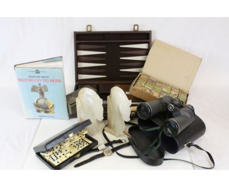 Mixed Lot including Pair of Onyx Horse Head Bookends, Backgammon Cased Set, Wooden Puzzle Blocks, Dominoes, Watch, Cased Bino