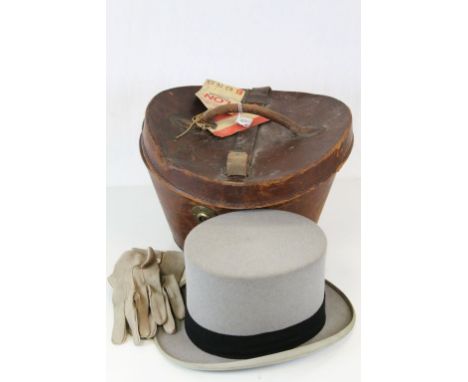 Vintage ' Simpson of Piccadilly ' Grey Top Hat (inner size 21cms x 16.5cms) contained in a Leather Top Hat Case, the lock sta