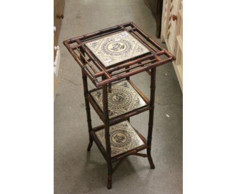Victorian Aesthetic Style Bamboo Three Tier Stand, each Tier set with a Minton Glazed Tile