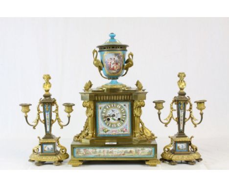 19th century French Porcelain and Gilt Metal Clock Garniture by Leroy & Fils of Paris, the Clock with Blue Porcelain Urn Fini