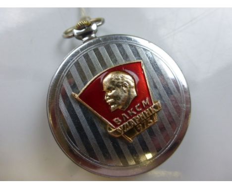 Russian Molnija Pocket Watch with Enamel Badge on Reverse dated 1973