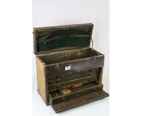 Vintage Wooden Tool Cabinet Box with Lift Lid and Front Opening to reveal Four Drawers