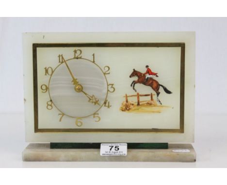 Art Deco Style Marble Onyx Mantle Clock with Hand Painted Hunting Scene