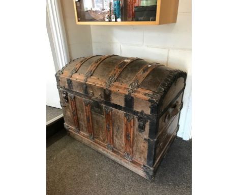 Large 19th century Domed Top Wooden and Metal Bound Travelling Trunk with Two Leather Carrying Handles, approx. 88cms long x 