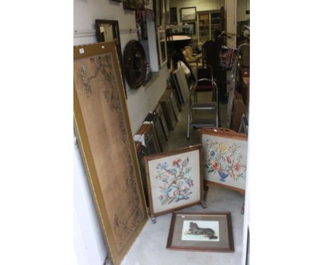 A large framed vintage woolwork tapestry of a seascape with Mount Fugi to background,and two oak framed firescreens with wool