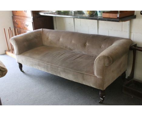 Victorian Chesterfield Style Sofa raised on Tall Turned Mahogany Legs with Castors, approx 200cms long