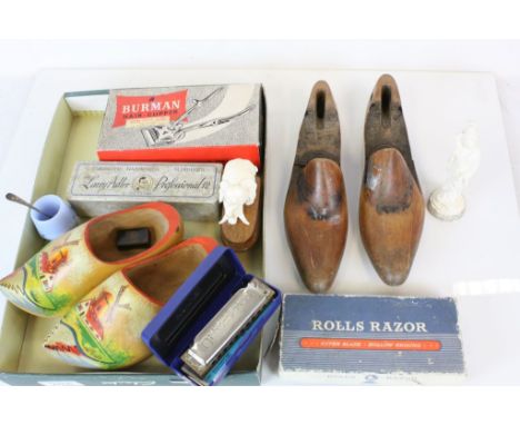 Mixed collectables to include a cased Hohner Larry Adler Harmonica Professional 12, Wooden Shoe Trees, Clogs, Boxed Rolls Raz