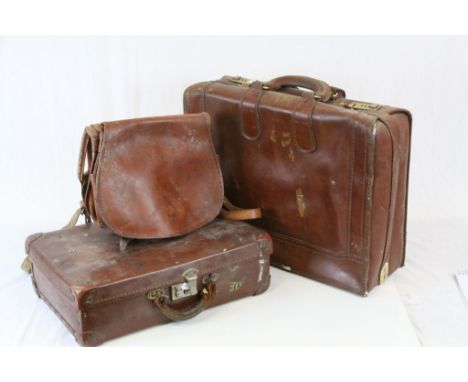 Vintage Leather Cartridge Case together with Amica Brown Leather Briefcase and a Small Leatherette Attache Case (k504)