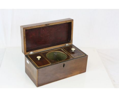 Early 19th century Mahogany Tea Caddy with Boxwood String Inlay, the fitted interior with bone handles to lids (mixing bowl m