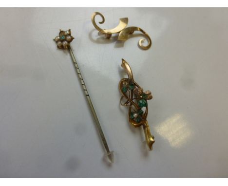 Two Vintage 9ct Gold Brooches together with a Stick Pin set with Turquoise and Seed Pearls