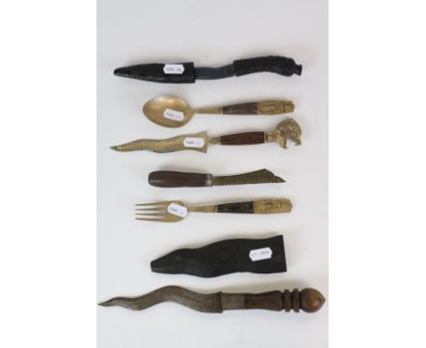 Two Thai Knives, Letter Knife, Fork and Spoon plus a Saw