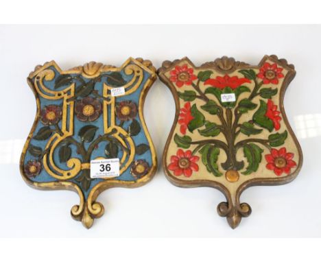 Two Vintage Carved and Painted Oak Plaques