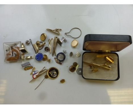 Group of Enamel Badges, Stick Pins, Button, Tie Slides and Cufflinks and a Cased Stratton Pair of Cufflinks with Real Diamond