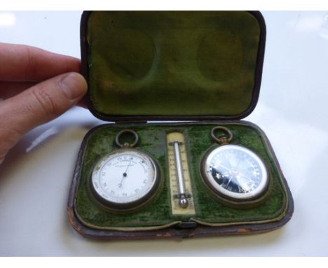 Leather cased 19th Century Compensated Barometer & Compass set with Thermometer to centre