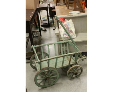 Vintage Rustic Oak Green Painted Four Wheel Pull-along Cart, 55cms high 