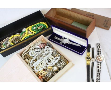 Three boxes of vintage costume jewellery and watches to include necklaces, brooches, earrings etc