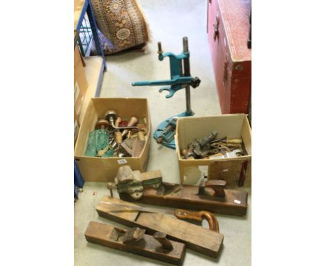 A quantity of tools to include planes,drills ,drill stand etc.