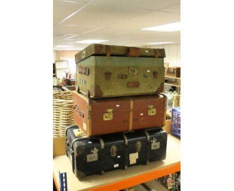 Early 20th century Canvas and Leather Bound Travelling Case together with Two Vintage Wooden Bound Travelling Trunks