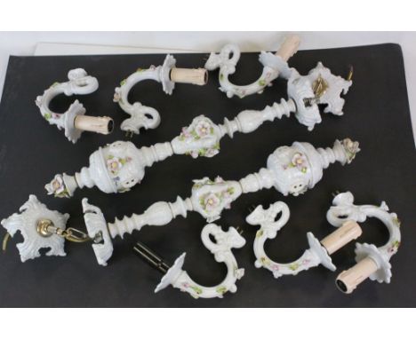 Pair of Continental Ceramic Floral Encrusted Three Branch Hanging Central Light Fittings