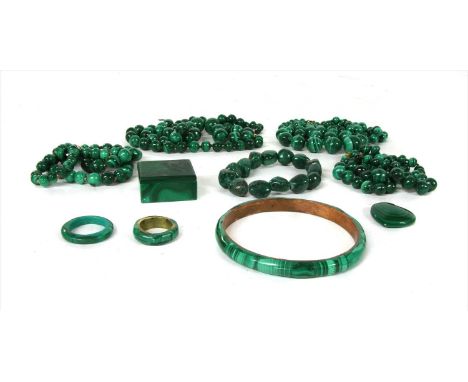 A quantity of malachite bead jewellery, to include four single row graduated spherical malachite bead necklaces, a tumbled ma