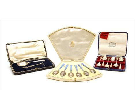 A cased set of early 20 th century silver and guilloche enamel spoons, by I M Hutchfield, Birmingham 1920, together with a ca