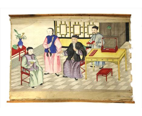 A Chinese scroll, depicting a scholar, 142cm wide