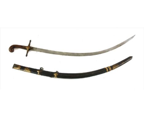 A Persian sabre (shamshir) , 18th or 19th century, the leather covered scabbard and hilt with niello decoration and with a ho