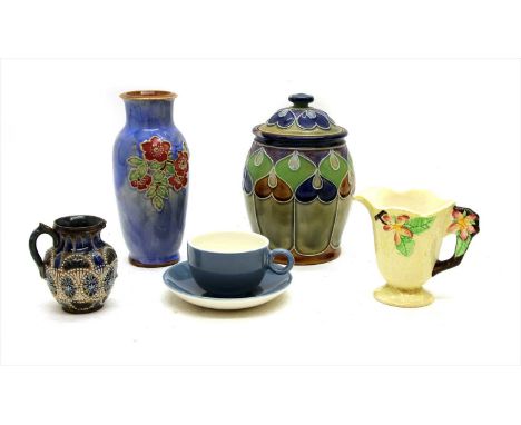 A collection of decorative ceramics, to include a Clarice Cliff jug, a Clarice Cliff sugar bowl, an Alan Caiger Smith coffee 