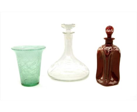 A Bohemian ruby dimple decanter, a ship's decanter and a Victorian green splatter ware vase (3)