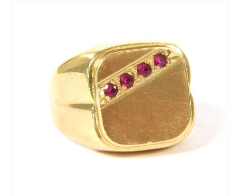 An Italian gold ruby signet ring, by UnoAErre, with a row of round mixed cut rubies, possibly synthetic,&nbsp;grain set diago