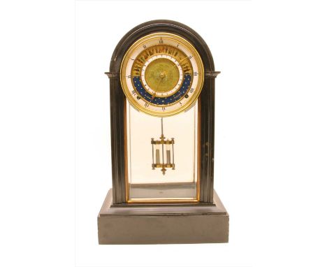 A Victorian black slate mantel clock of large size, the circular white enamel dial with gilt and painted figural decoration, 