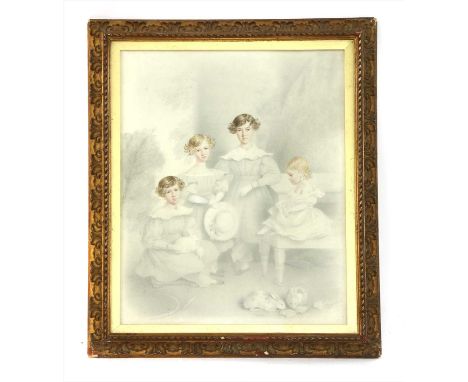 English School, circa 1840 PORTRAIT OF FOUR CHILDREN, THE ELIOT FAMILY, FULL LENGTH, IN THEIR GARDEN, WITH THEIR PET RABBITS 