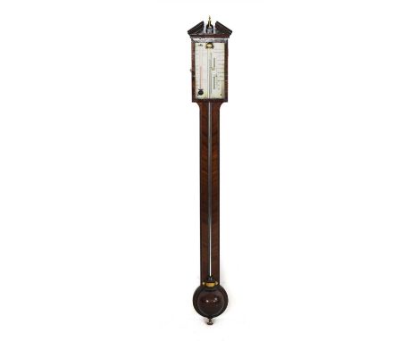 A George lll mahogany stick barometer, by Sinkinson, Doncaster, with broken pediment, the trunk with exposed tube and moulded