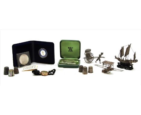 Various items to include a 9ct wristwatch , a collection of thimbles, three Chinese silver miniatures