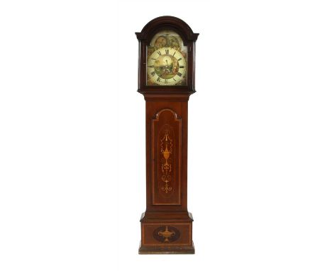 An eight day longcase clock, with painted moon phase dial striking on bell, signed R Roberts, in later mahogany marquetry cas