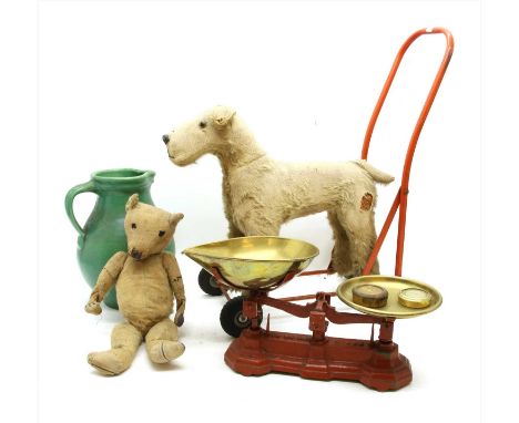 Various items to include a set of vintage cast iron kitchen scales and weights, a bagatelle board, coal scuttle, a vintage do