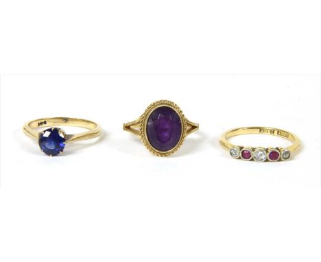 A gold diamond and ruby five stone ring, with a row of alternating Swiss and old eight cut diamonds and mixed cut rubies, all