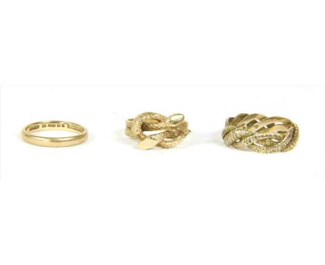 A 9ct gold two headed snake ring, London 1979, finger size L½, together with a 9ct gold textured plaited design ring, import 