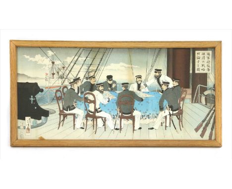 A Japanese Trypitch woodblock print, depicting officers of the Imperial Navy in the 1905 Russo-Japanese War, 35cm x 72.5cm, f