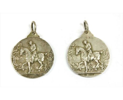 Two silver 'Light Horse Society' medallions, each inscribed 'Hunters' improvement &amp; National' and dated 1930 and 1931, ha