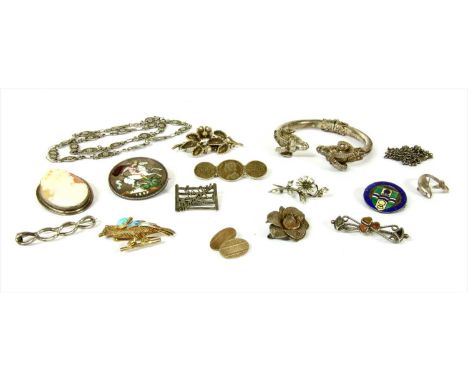 A quantity of silver jewellery, to include an enamelled 1889 crown brooch, a 'no thoroughfare' gate brooch, a paste set flora