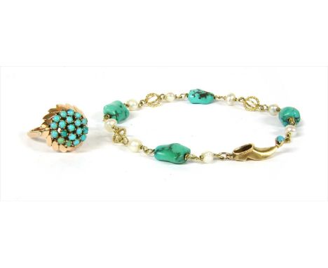 A gold turquoise bombé ring, with a cluster of round cabochon turquoise, four claw set to foliate border, wire gallery, open 