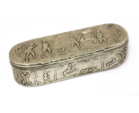 A Dutch silver tobacco box, late 18th/early 19th century, unmarked, rectangular with rounded ends, the hinged cover decorated