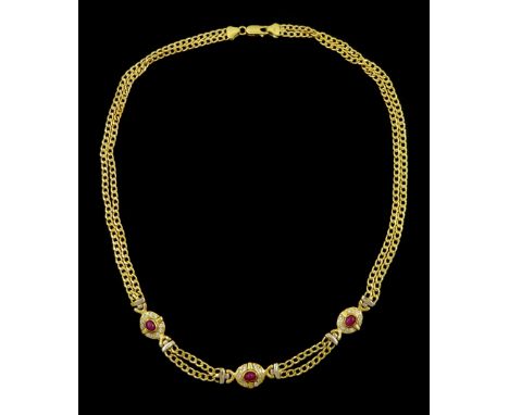 18ct gold cabochon ruby and cubic zirconia, flattened curb link chain necklace,s stamped 750Condition Report:Approx 18.45gm, 