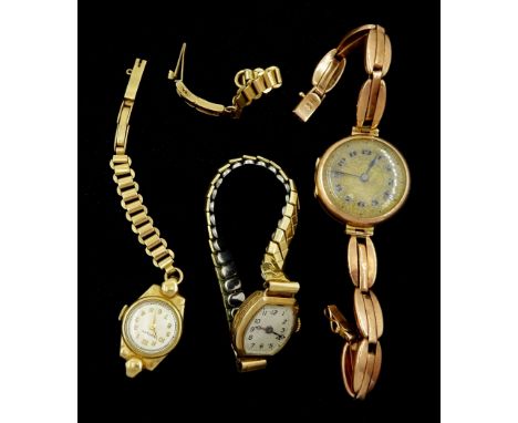 Three 9ct gold manual wind wristwatches, one with rose gold expanding strap, one with 9ct gold strap, the other with expandin
