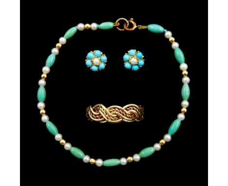 Pair of gold turquoise and pearl stud earrings, gold crossover eternity ring and a gold bead, turquoise and pearl bracelet, a